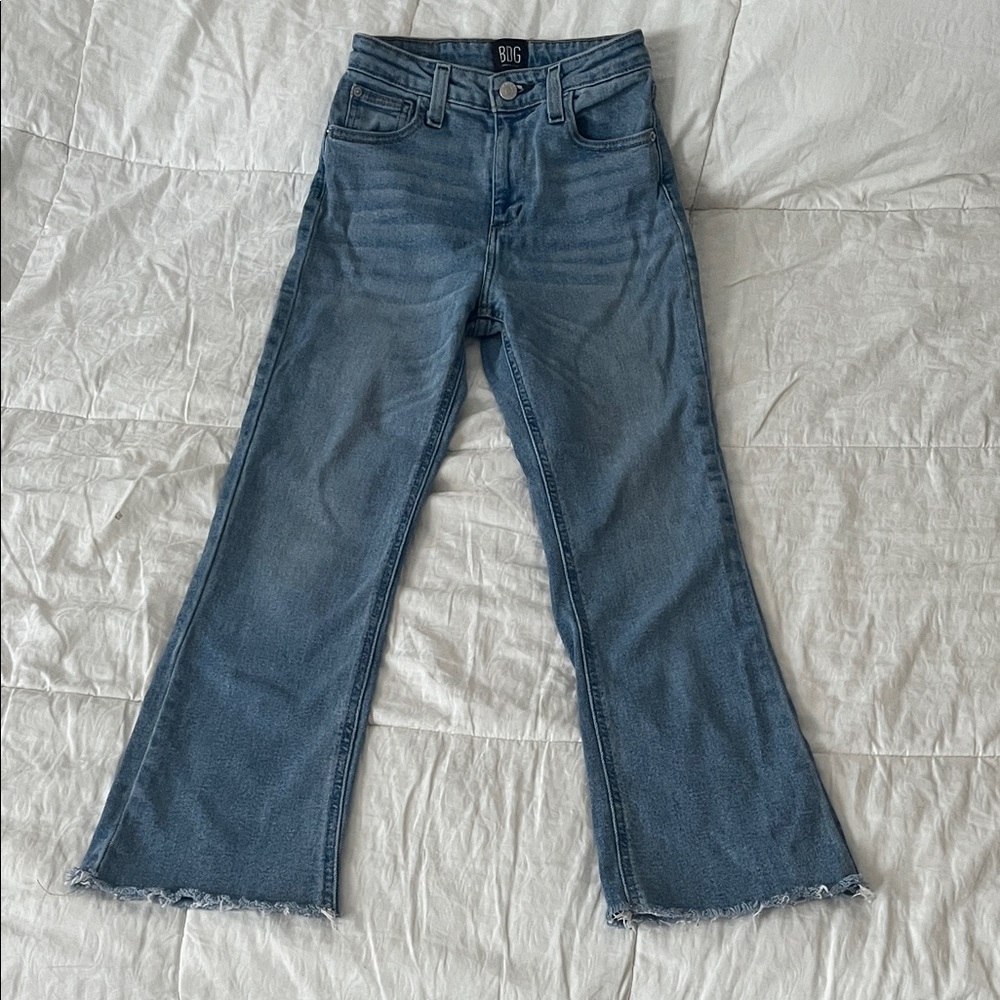 BDG Kick Flare High-Rise Jeans in Medium Blue with Frayed Raw Hem